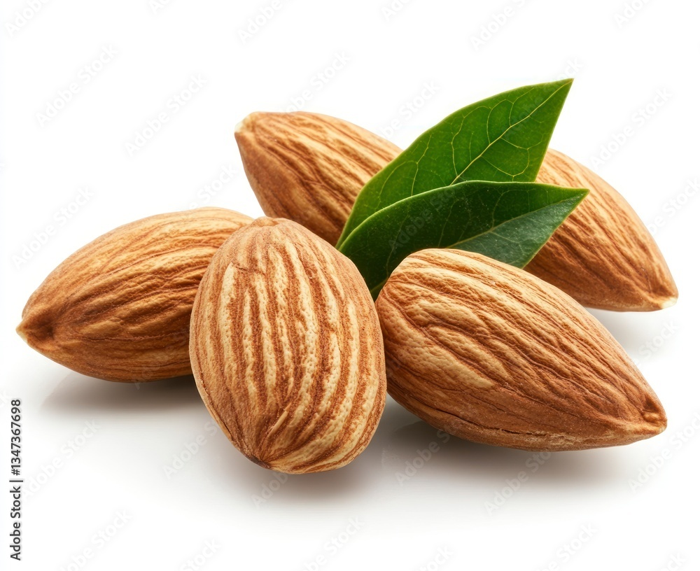 Almond Nuts with Green Leaves Isolated on White Background Macro Shot Almond Nuts with Green Leaves Isolated on White Background Macro Shot