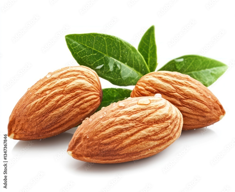 Almond Nuts with Green Leaves and Water Droplets on a White Background Almond Nuts with Green Leaves and Water Droplets on a White Background