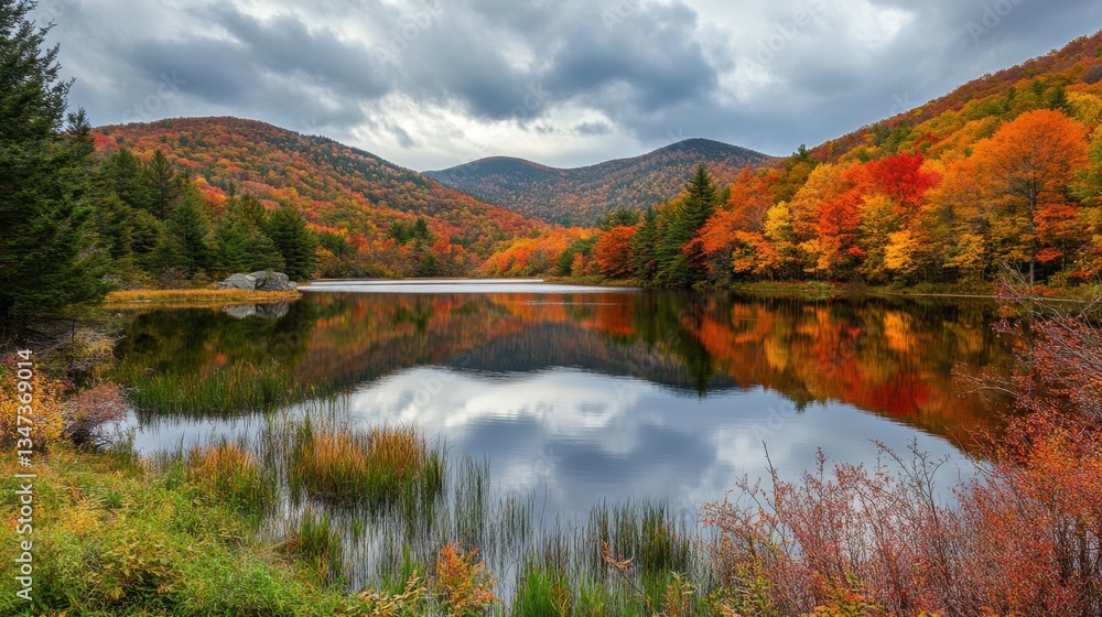 Naklejka premium Serene lake surrounded by mountains and trees, reflecting autumn colors under a cloudy sky.