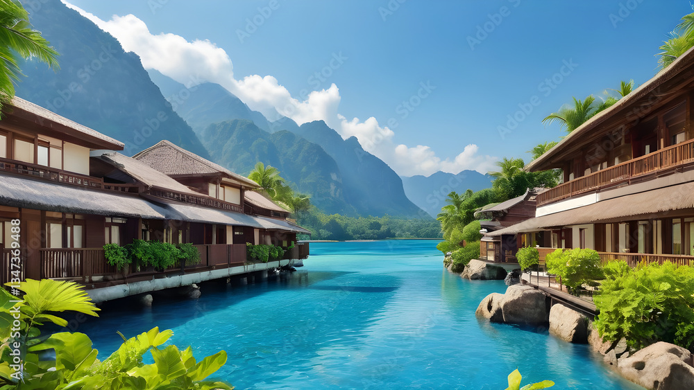 Exotic overwater bungalows resort in a turquoise lagoon with breathtaking view of Moorea mountains reflecting in water Exotic overwater bungalows resort in a turquoise lagoon with breathtaking view of Moorea mountains reflecting in water
