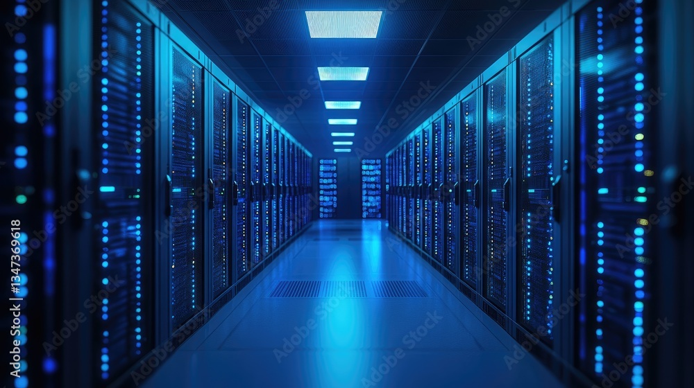 Fototapeta premium A high-tech data center with glowing blue server racks in a secure environment. Ideal for cloud computing, cybersecurity, IT infrastructure, and artificial intelligence concepts
