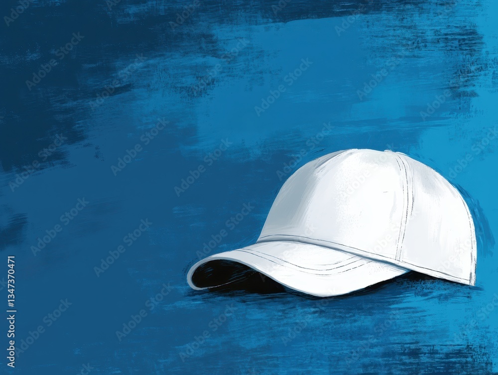 Simple White Baseball Cap on Blue Background with Artistic Touch Simple White Baseball Cap on Blue Background with Artistic Touch