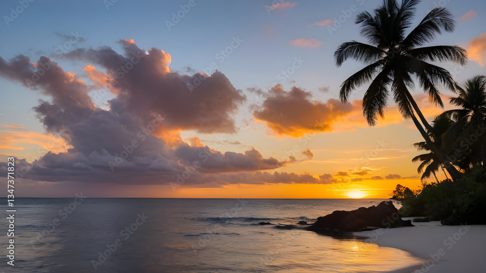 Tropical beach sunset with palm trees silhouette and colorful cloudscape Tropical beach sunset with palm trees silhouette and colorful cloudscape