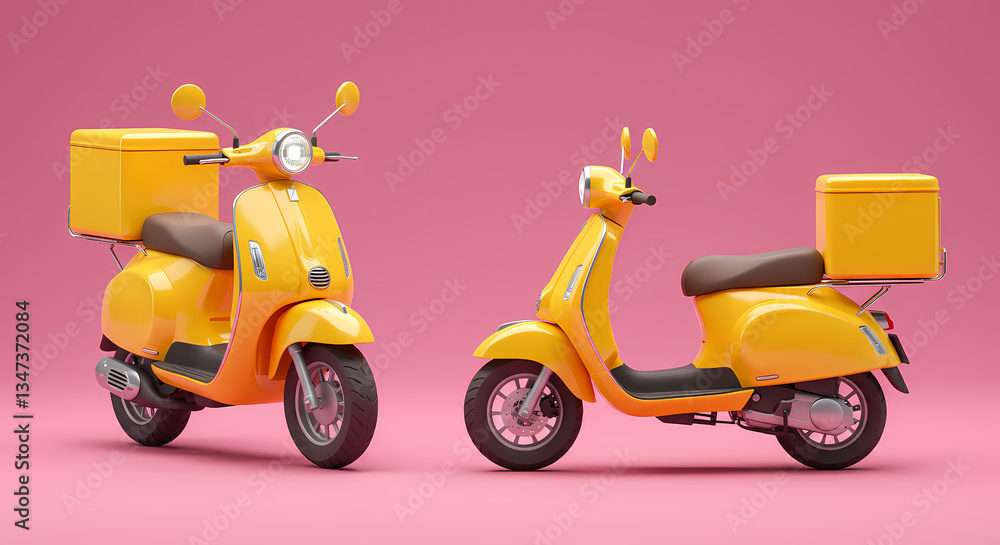 Yellow Delivery Scooters on Pink Background Yellow Delivery Scooters on Pink Background