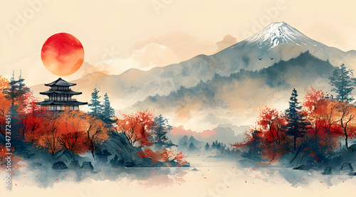 Autumn Japanese Landscape With Temple At Sunrise