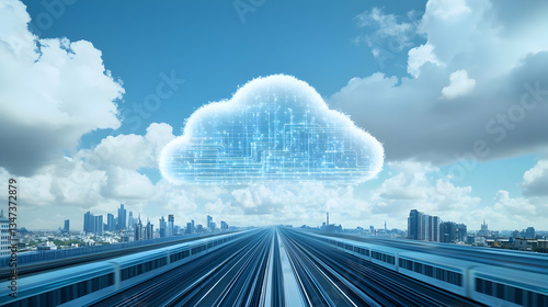 Digital Cloud Over Cityscape And Train Tracks