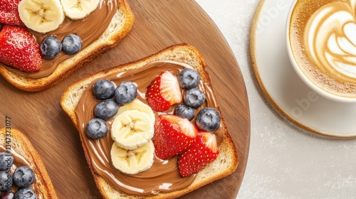 Wallpaper Mural Gourmet Toast Delight: A visual feast of gourmet toast slices, meticulously adorned with fresh, vibrant fruits and decadent spread, complemented by a meticulously crafted latte Torontodigital.ca