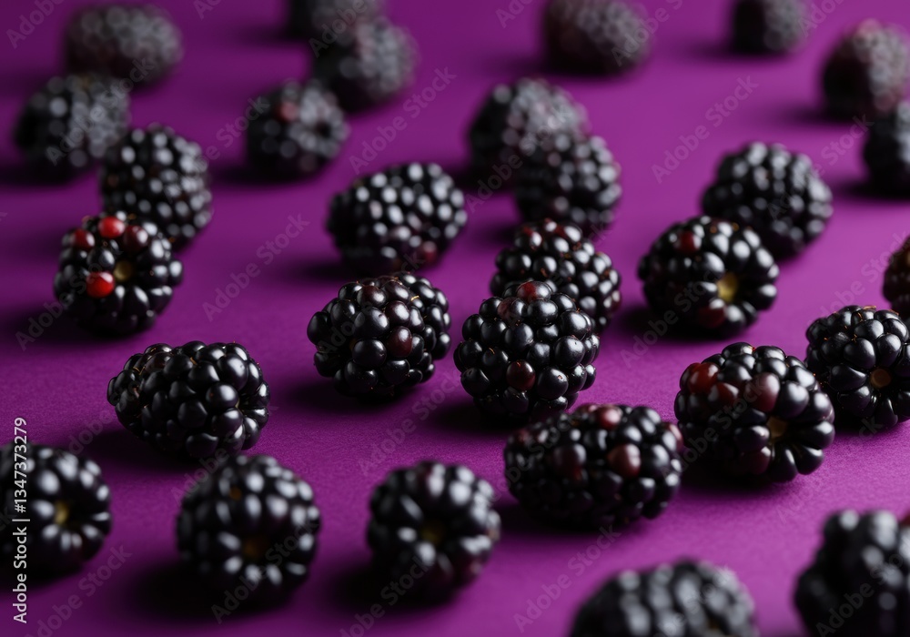 Fresh blackberries scattered on a vibrant purple background Fresh blackberries scattered on a vibrant purple background