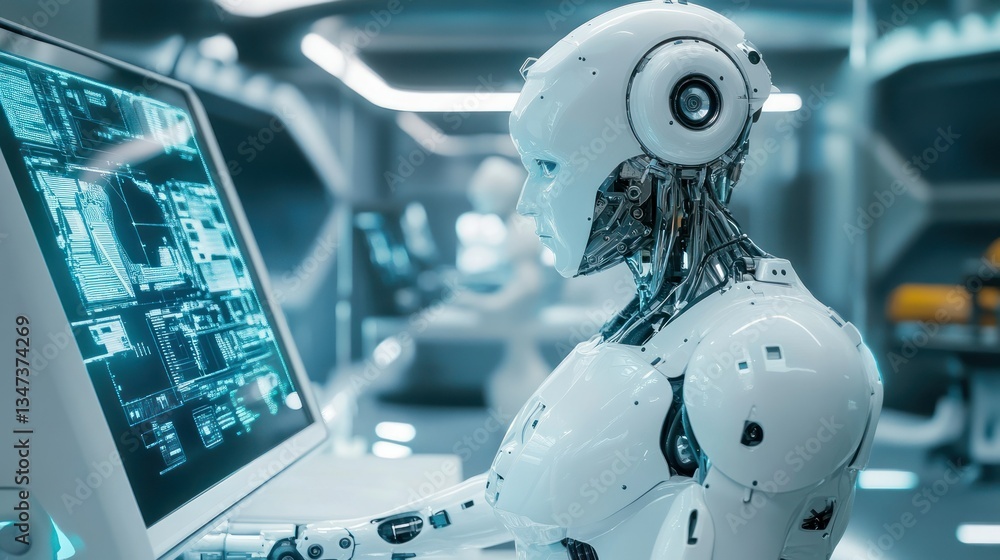 Fototapeta premium A humanoid robot interacts with a computer in a futuristic lab setting.