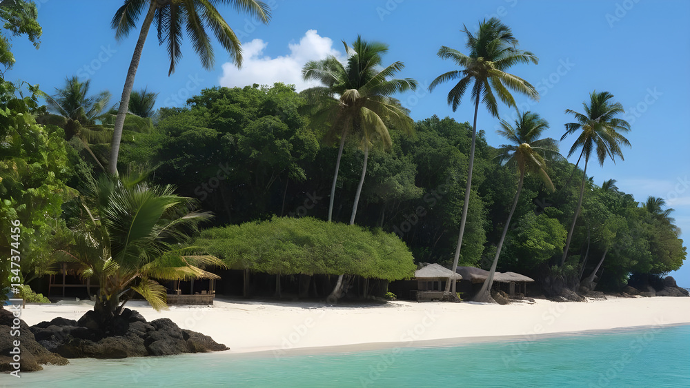 Fototapeta premium Tropical island with coconut palm trees and huts bordering a white sand beach