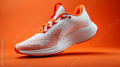 Stability and cushion running shoes. New unbranded running sneaker or trainer on orange background. Men's sport footwear. Pair of sport shoes.