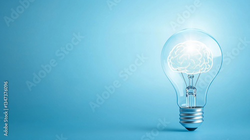 Glowing Light Bulb with Brain Inside. Creativity and Innovation Concept. Copy space, Blue Background. Generative AI