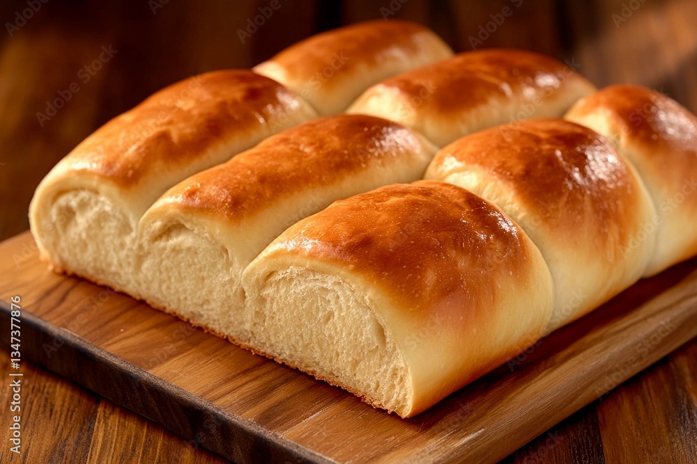 Golden brown rolls rest on a wooden cutting board, showcasing a soft and fluffy texture. The warm afternoon light enhances the appeal of this delicious baked treat Golden brown rolls rest on a wooden cutting board, showcasing a soft and fluffy texture. The warm afternoon light enhances the appeal of this delicious baked treat