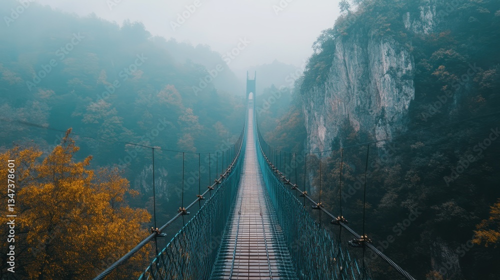 Fototapeta premium A misty suspension bridge stretches over a serene landscape, inviting exploration.