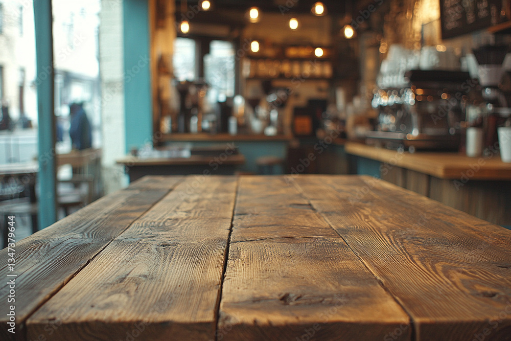 Rustic wooden table inside a cozy cafe in the city Rustic wooden table inside a cozy cafe in the city