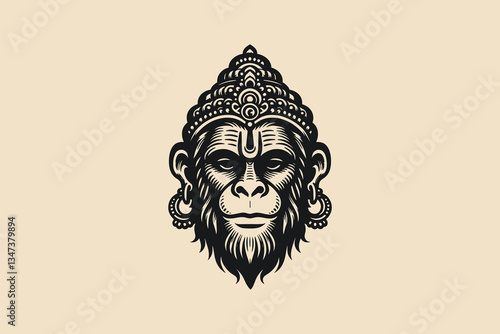 Vintage black engraving of Hanuman’s head with sacred details