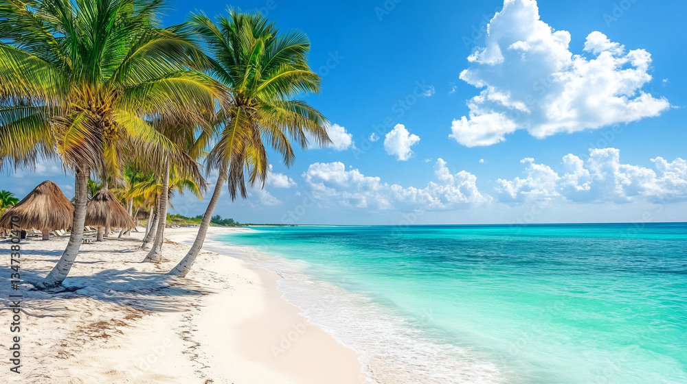 Obraz premium El intenso azul del cielo contrasta con el verde vibrante de las palmeras, creando una postal perfecta de un día de verano en la costa mexicana.