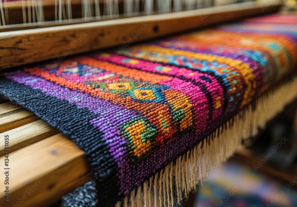 A vibrant, intricately woven textile featuring colorful patterns, displayed on a loom, showcasing craftsmanship and artistic expression. A vibrant, intricately woven textile featuring colorful patterns, displayed on a loom, showcasing craftsmanship and artistic expression.