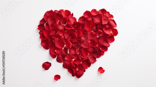 Red rose petals in the shape of a heart on white background