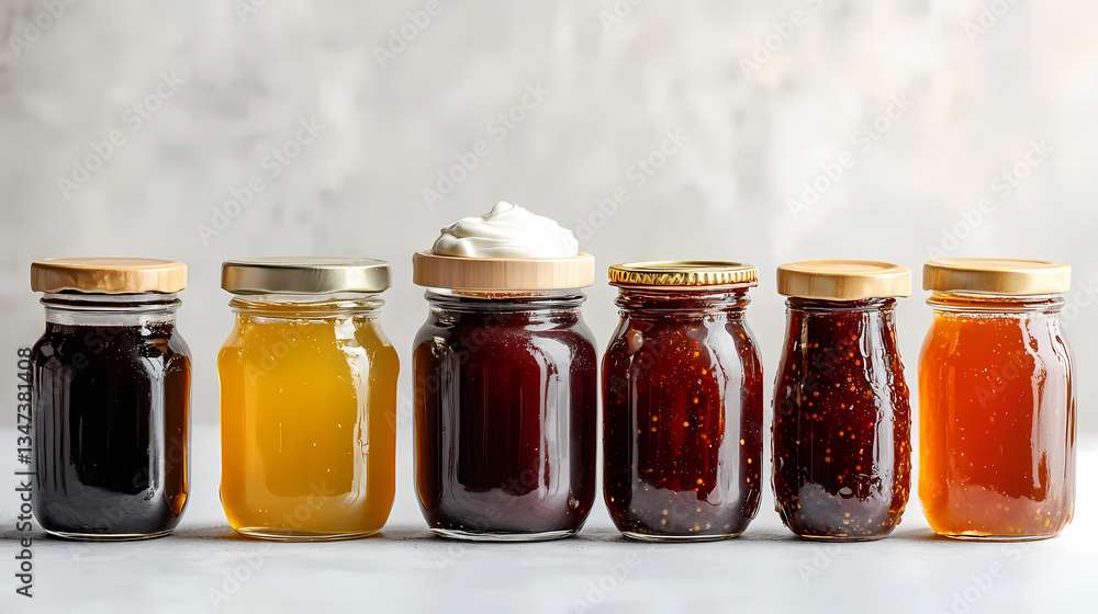 Gourmet Jars: A mouthwatering array of gourmet preserves and spreads in elegant glass jars, arranged to create a vibrant display of flavors and textures, perfect for culinary projects. Gourmet Jars: A mouthwatering array of gourmet preserves and spreads in elegant glass jars, arranged to create a vibrant display of flavors and textures, perfect for culinary projects.