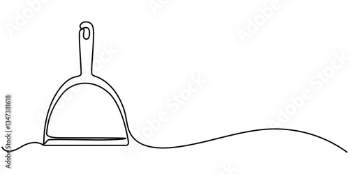 one line art dustpan vector illustration. line art, one continuous line, simple, hand drawn and sketch style. for icons, symbols, signs or logos, Cleaning dustpan and brush in continuous one line art.