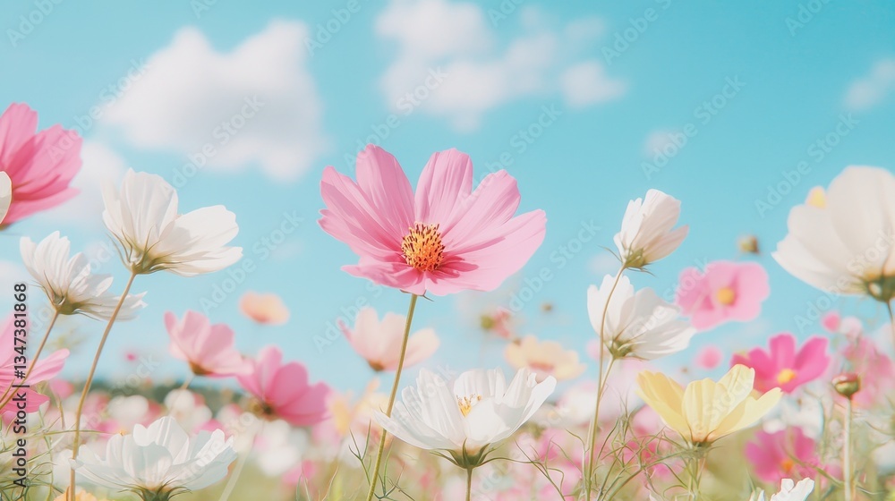 A vibrant field of colorful flowers under a bright blue sky with fluffy white clouds. A vibrant field of colorful flowers under a bright blue sky with fluffy white clouds.