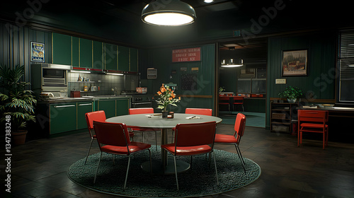 Retro Interior Dining Room With Green Walls Red Chairs And Round Table With Flowers And Kitchen Appliances Under Ceiling Light
