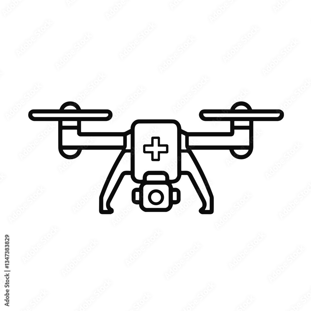 Medical drone icon in black and white line art style. Medical drone icon in black and white line art style.