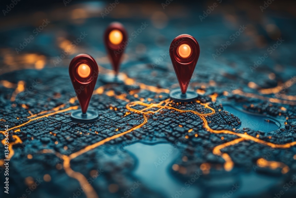 Unique map with glowing markers highlighting key locations in a vibrant urban setting at night Unique map with glowing markers highlighting key locations in a vibrant urban setting at night