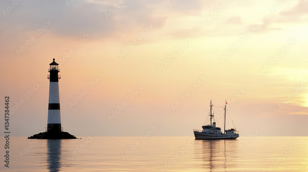 serene lighthouse stands tall against pastel sunset, guiding boat through calm waters, evoking sense of peace and tranquility serene lighthouse stands tall against pastel sunset, guiding boat through calm waters, evoking sense of peace and tranquility