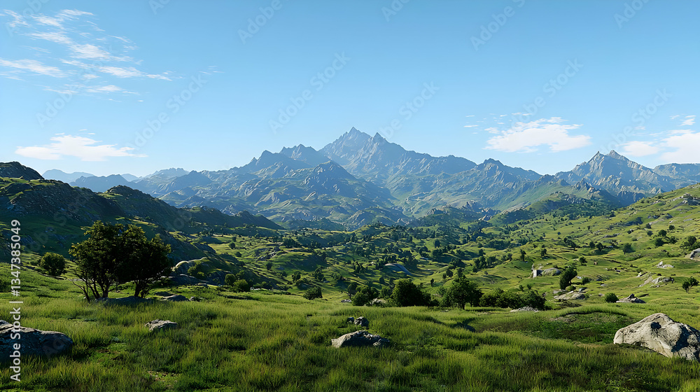Vast Mountain Landscape Under Blue Sky With Green Hills And Trees On A Sunny Day Vast Mountain Landscape Under Blue Sky With Green Hills And Trees On A Sunny Day