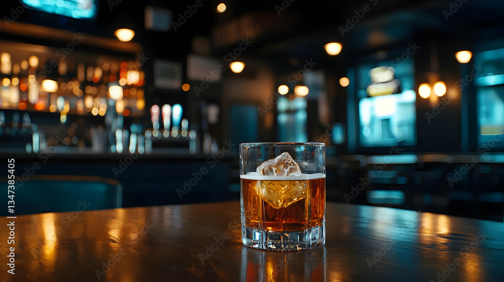 Amber Cocktail In Glass On Brown Table In Night Bar Amber Cocktail In Glass On Brown Table In Night Bar