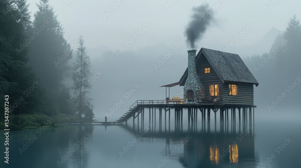 Fototapeta premium A serene lakeside cabin shrouded in mist, with warm light glowing from its windows.