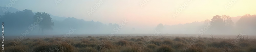 Fototapeta premium Empty landscape with foggy mist rising from the ground, empty, desolate