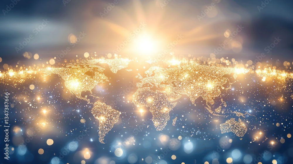 Global network, illuminated world map, sunrise Global network, illuminated world map, sunrise
