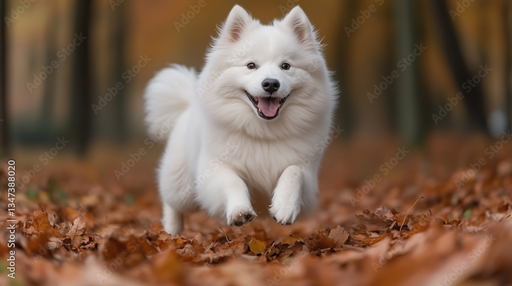 Happy Samoyed dog running in autumn leaves at a park under golden trees in a sunny afternoon Happy Samoyed dog running in autumn leaves at a park under golden trees in a sunny afternoon