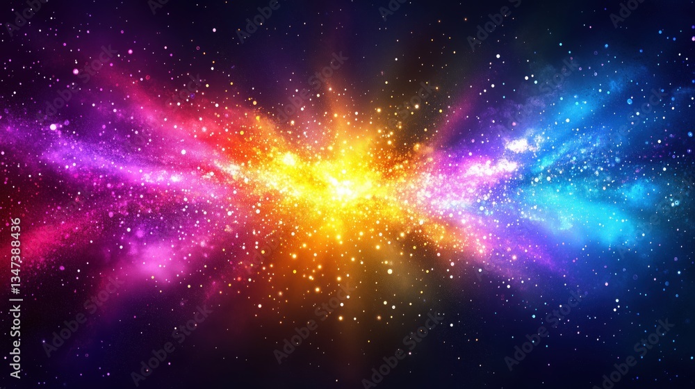 Obraz premium Colorful cosmic explosion with stars and nebulae in deep space, showcasing vibrant hues of pink, orange, and blue in a vast galaxy