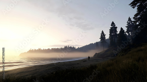 Golden Sunset Over Coastal Beach With Trees And Calm Water Atmosphere
