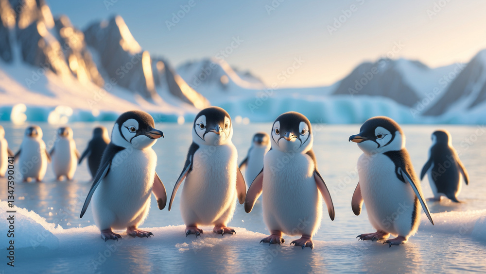 Obraz premium Adorable penguin chicks huddle together in a breathtaking Antarctic sunset, showcasing a heartwarming bond amidst a pristine icy landscape bathed in soft golden light.