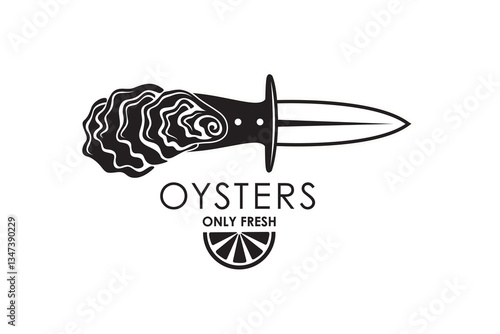 label of fresh oyster shell and knife isolated on white background