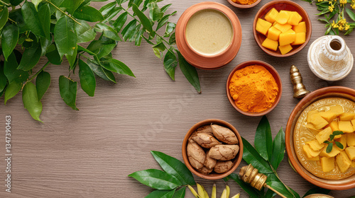 Wallpaper Mural Traditional Ugadi Festival Puja Display with Ritual Offerings, Brass Lamps, and Vibrant Floral Decor, Indian Heritage Torontodigital.ca