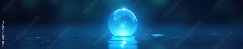 Obraz premium Ethereal bulb hovering above a still pool of blue water, blue hue, luminous orb