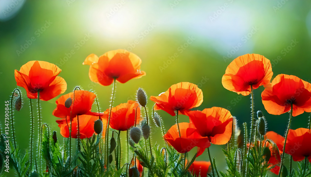 Poppy flowers on blurred nature wallpaper, banner for website Poppy flowers on blurred nature wallpaper, banner for website