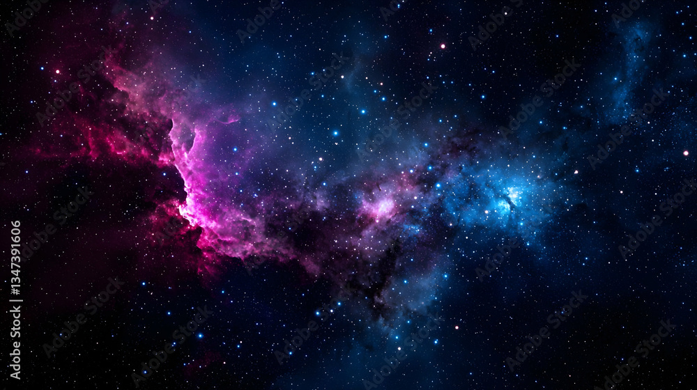 Naklejka premium Colorful Cosmic Nebula Space Scene Showing Starry Sky and Galaxies in Deep Blue Purple Pink Tones