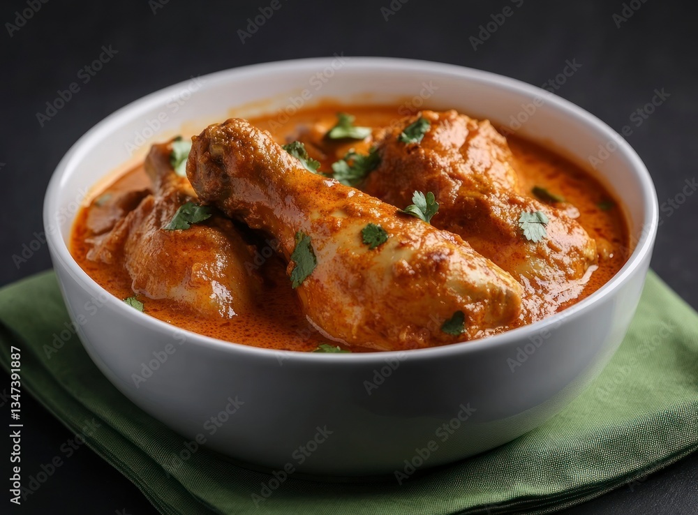 Delicious Chicken Curry with Cilantro Served in White Bowl on Napkin Delicious Chicken Curry with Cilantro Served in White Bowl on Napkin