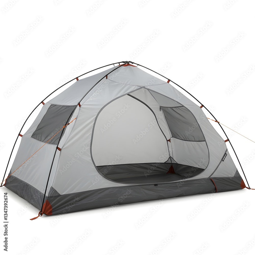 Modern dome-shaped camping tent with waterproof rainfly isolated on white Modern dome-shaped camping tent with waterproof rainfly isolated on white