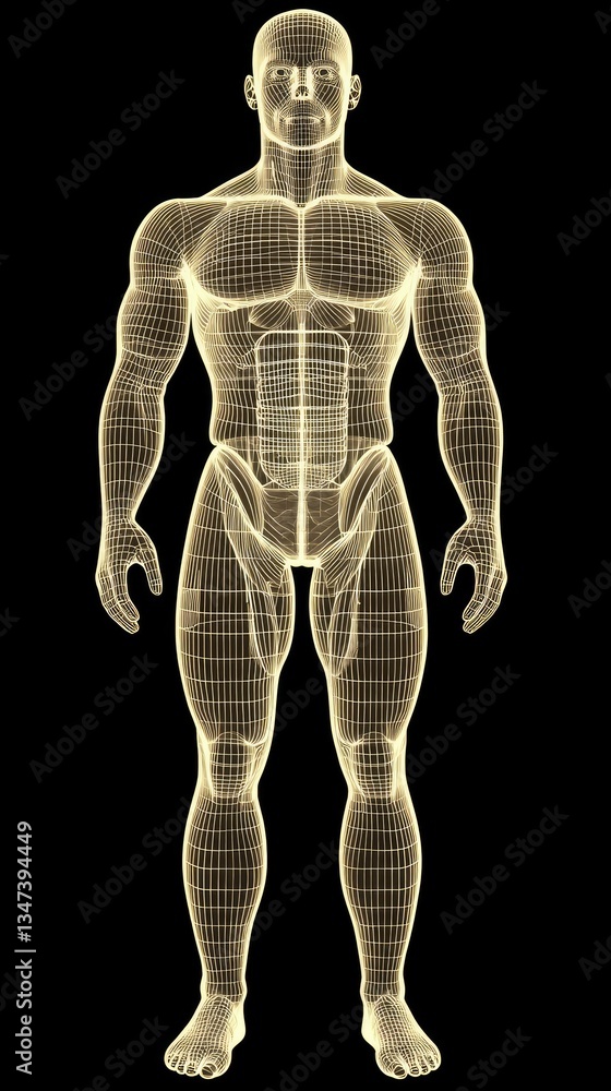Digital representation of a male human body, anatomical structure, no background. Possible use Educational or scientific visual aids Digital representation of a male human body, anatomical structure, no background. Possible use Educational or scientific visual aids
