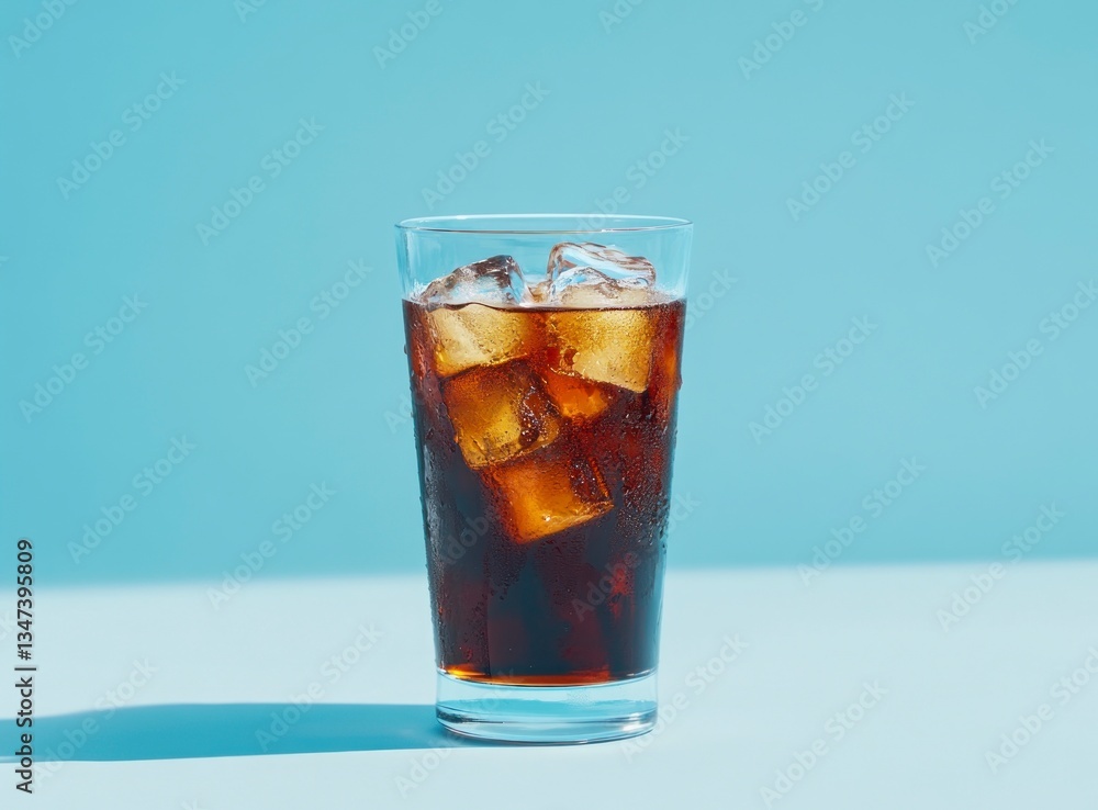 Refreshing Cola Drink with Ice Cubes on a Minimalist Blue Background Refreshing Cola Drink with Ice Cubes on a Minimalist Blue Background