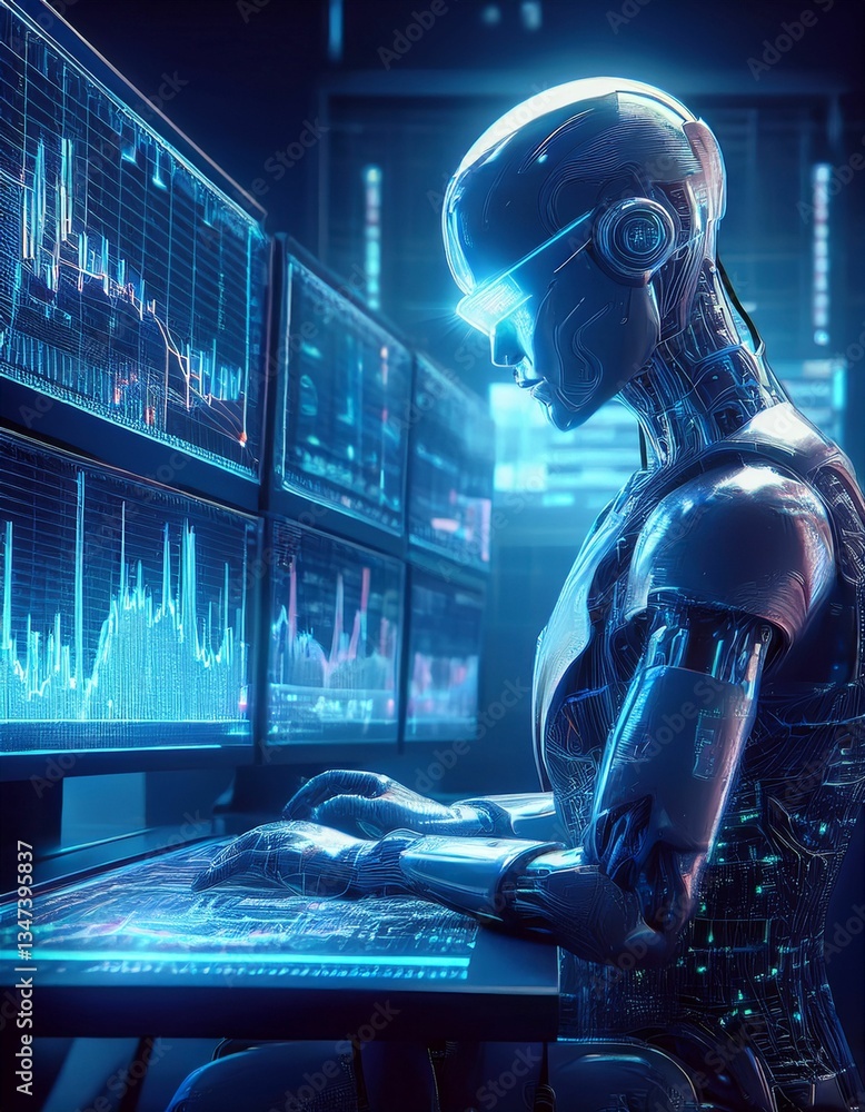 Humanoid Robot Working at a Computer with Data Screens Humanoid Robot Working at a Computer with Data Screens