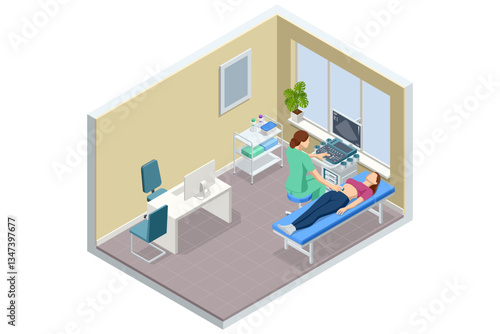 Isometric Ultrasound Examination. A nurse is performing an ultrasound scan on a female patient lying on an examination table. The monitor displays the results. Medical technology, modern healthcare